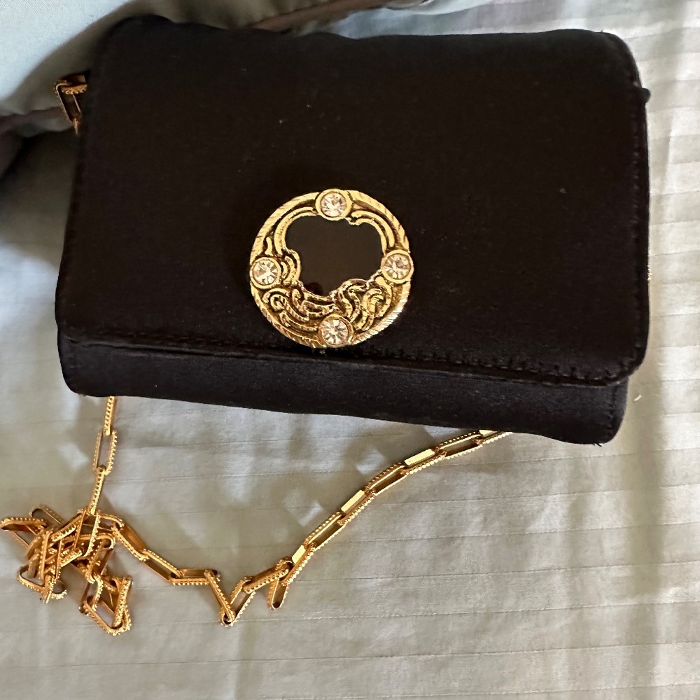 Silk evening bag with long gold chain